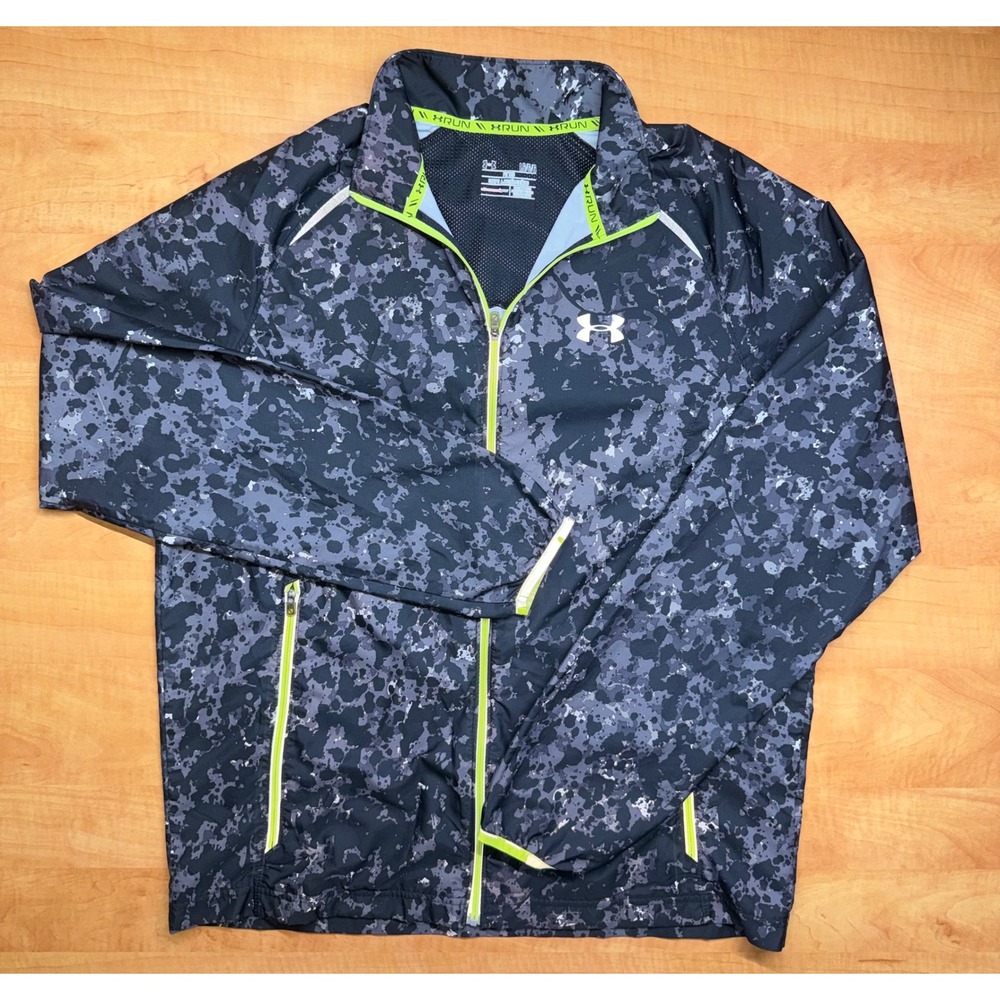 Under Armour Run Mens Large Fitted Camo Windbreaker Jacket Grey Neon Green Zip